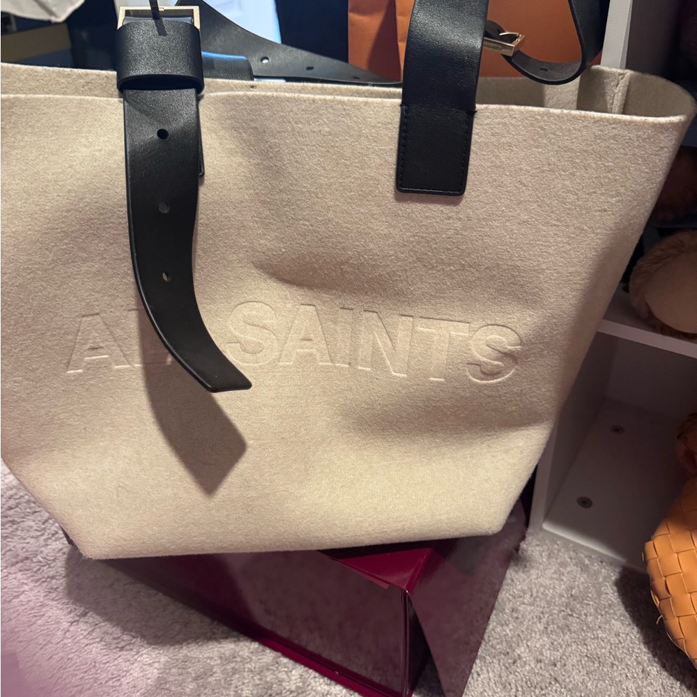 All Saints Cream Felt Tote with Black Leather Straps